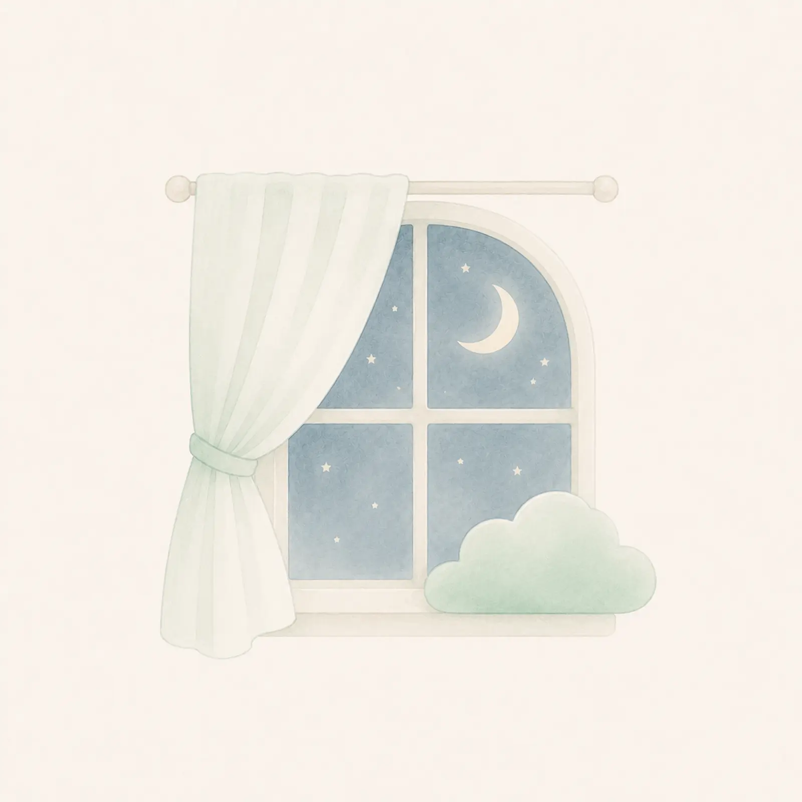 Aquarell eines nächtlichen Fensters mit Vorhang und feinen Sternen – Sinnbild für Schlaf und Juckreiz bei Neurodermitis.