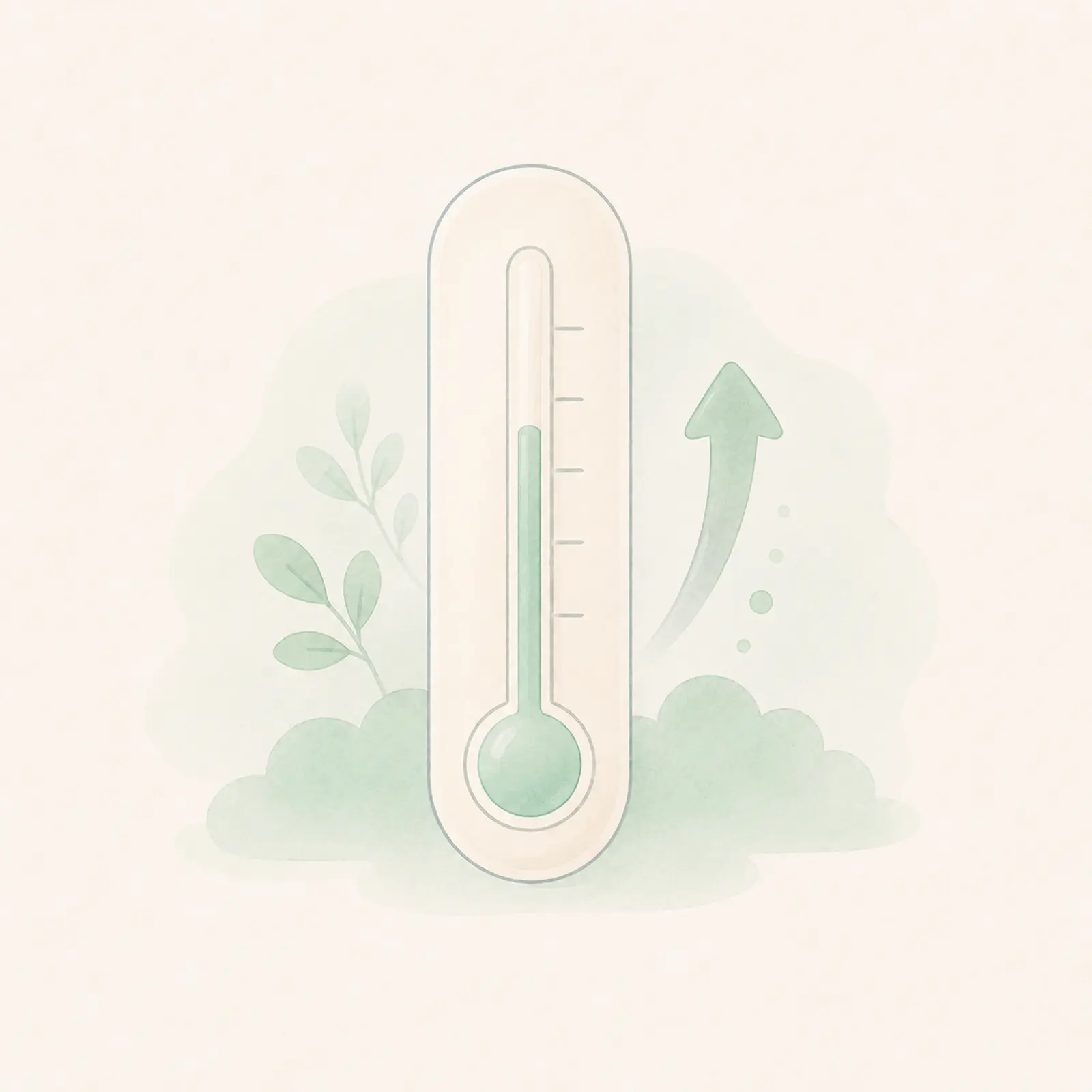 Aquarell eines Raumthermometers mit steigender Anzeige – warme Raumluft als Grund, warum Neurodermitis nachts oft schlimmer wird.