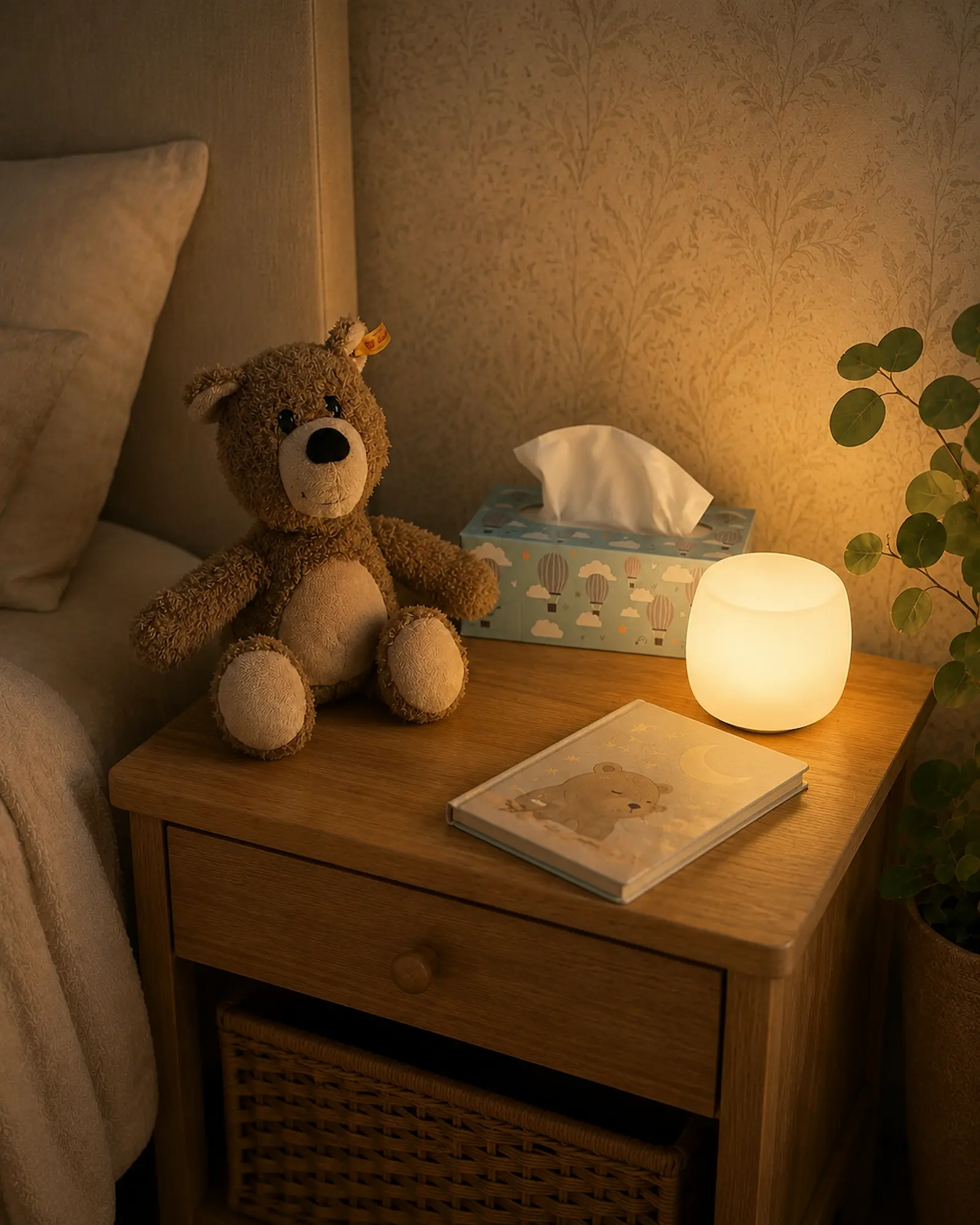 Nachttisch mit aufgeschlagenem Buch, warmer Lampe und Nachtlicht – ruhige Abendroutine vor dem Schlafengehen bei Neurodermitis.