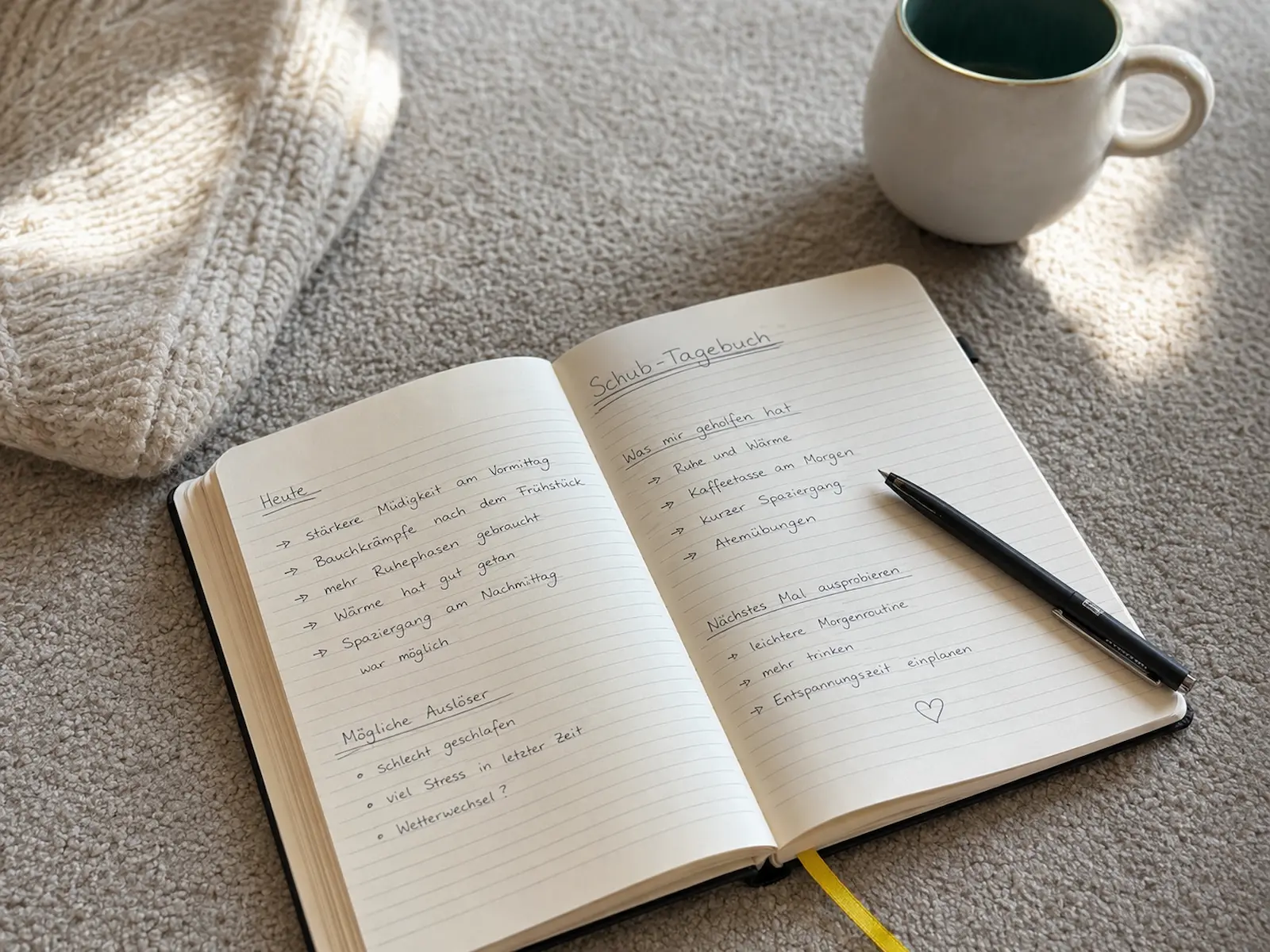 Aufgeschlagenes Notizheft mit Stift als Schub-Tagebuch – Anzeichen früh beobachten und einen Neurodermitis-Schub erkennen.