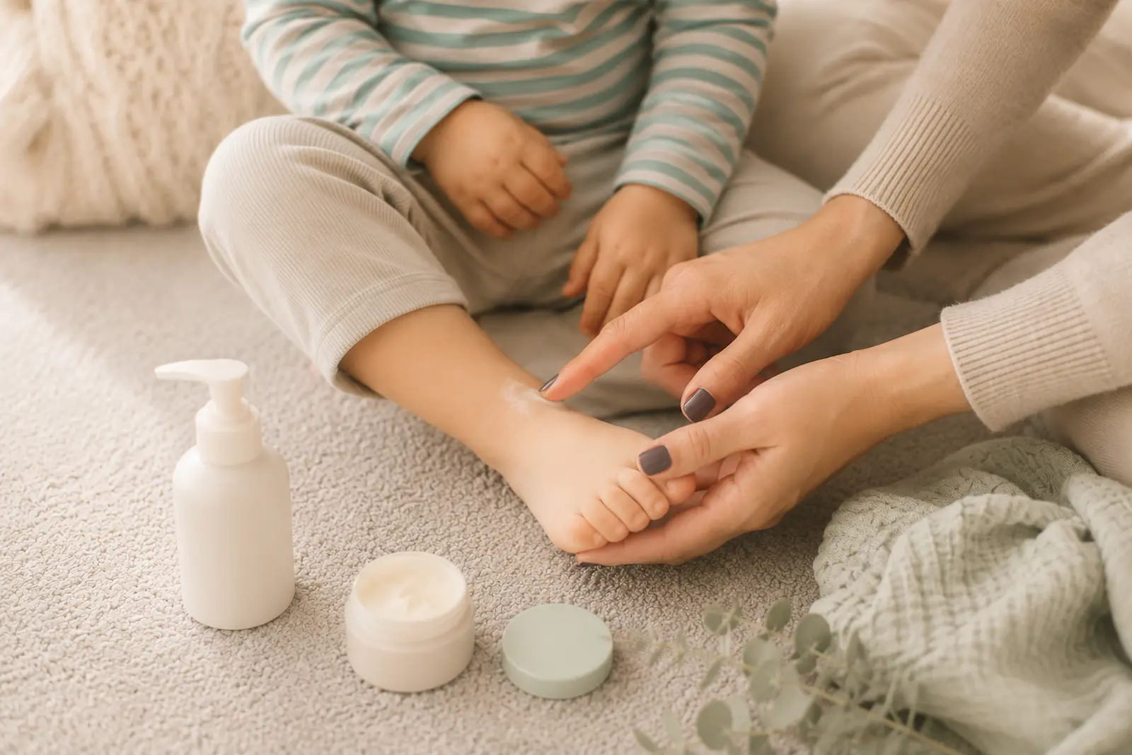 Foto: Erwachsene trägt sanft Creme auf den Fuß eines Kindes auf, daneben Pflegeprodukte und Eukalyptus – Hautpflege bei Neurodermitis