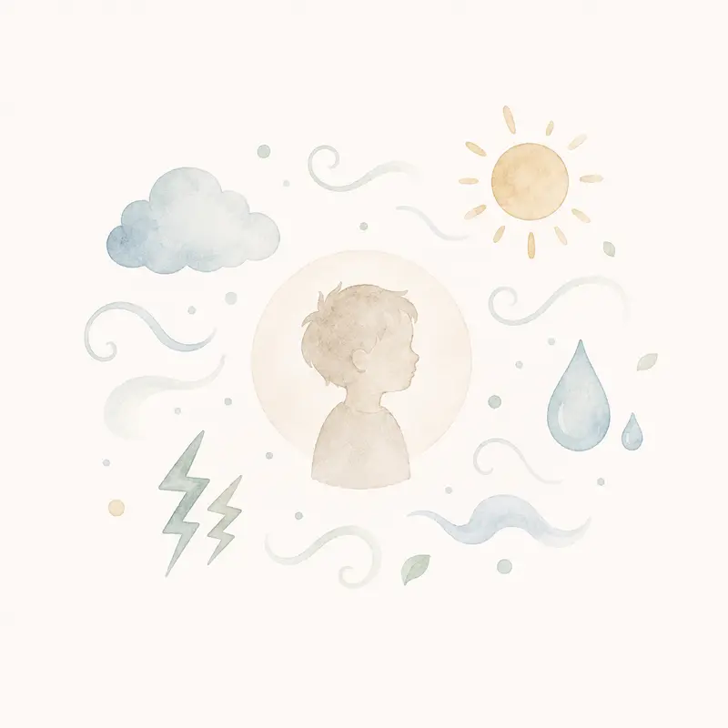 Aquarell einer Kindersilhouette, umgeben von Sonne, Wolke, Blitz und Tropfen – die vielen möglichen Trigger bei Neurodermitis im Alltag.