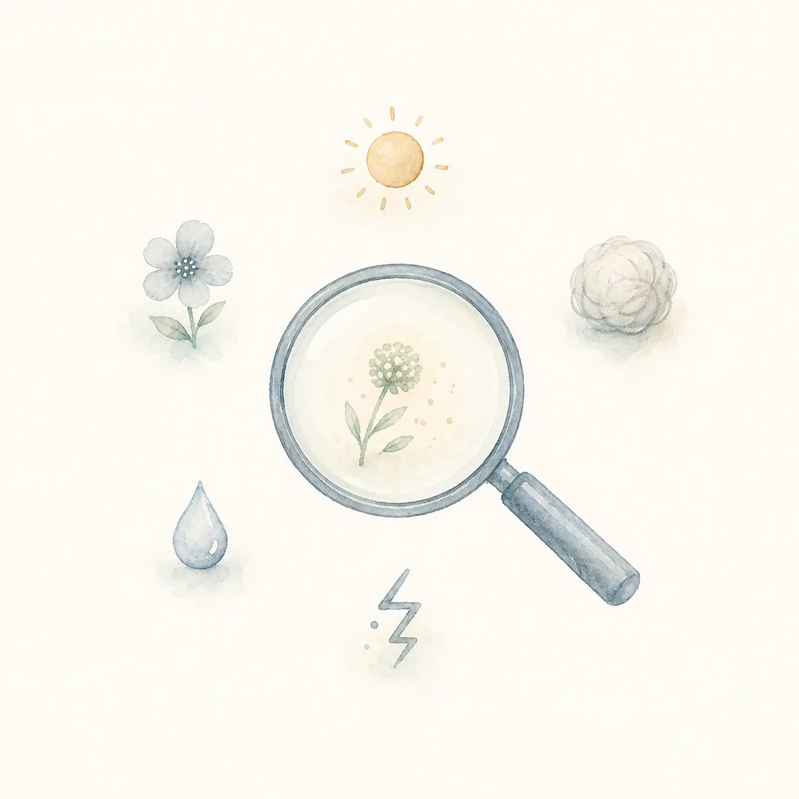 Aquarell einer Lupe über einer Pollenblüte, umgeben von Blume, Tropfen, Wollknäuel und Blitz – Allergenen wie Pollen und Hausstaub bei Neurodermitis auf der Spur.