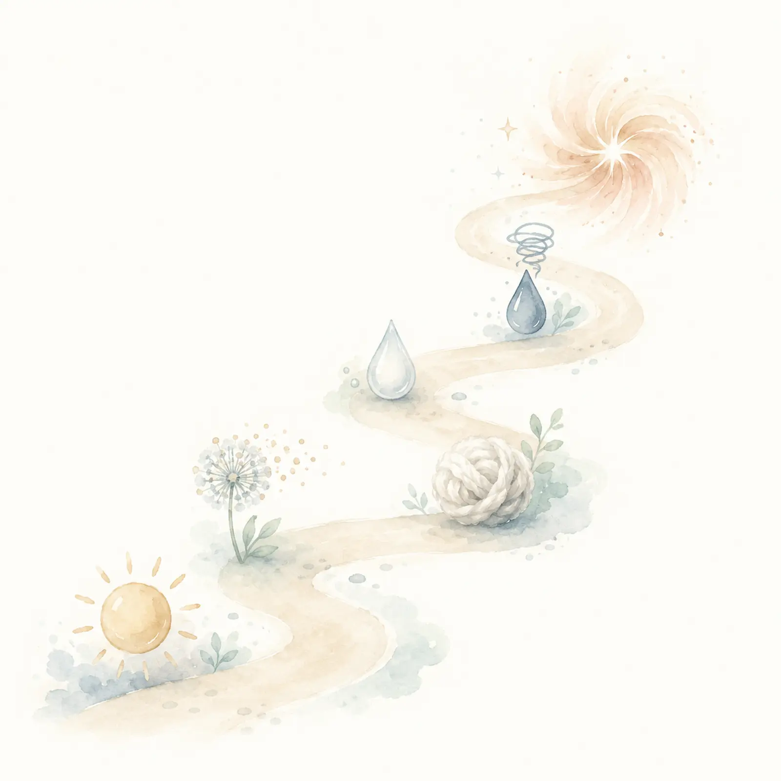 Aquarell eines geschwungenen Pfades mit Symbolen für Sonne, Pollen, Wollknäuel und Tropfen – der Weg, die Neurodermitis-Trigger des eigenen Kindes Schritt für Schritt zu erkennen.