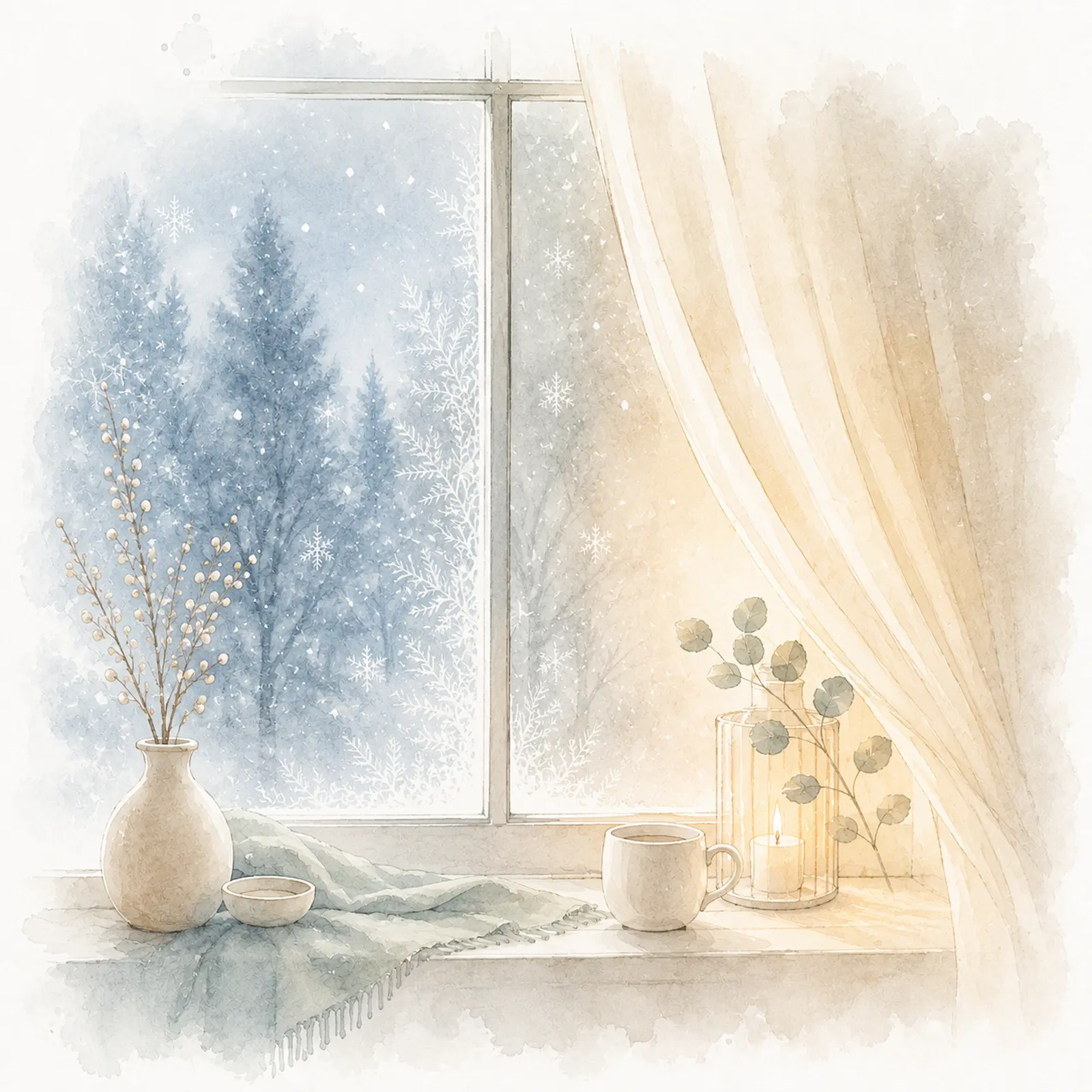 Aquarell eines Fensters mit Blick auf verschneite Landschaft, davor eine Cremetube auf der Fensterbank – Hautpflege bei Neurodermitis im Winter.