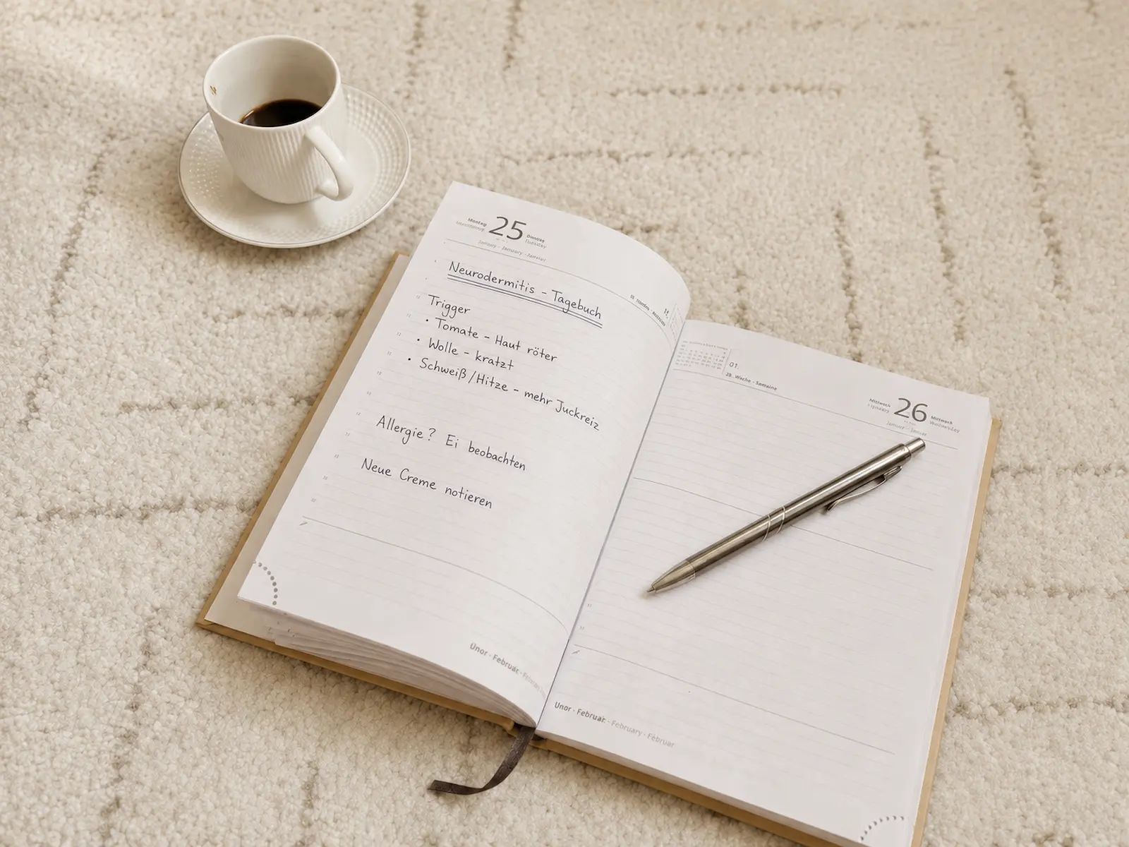 Aufgeschlagenes Notizbuch mit handschriftlichen Trigger-Notizen wie Wolle, Hitze und Tomate, daneben Stift und Kaffeetasse – ein Neurodermitis-Tagebuch zum Beobachten von Auslösern.