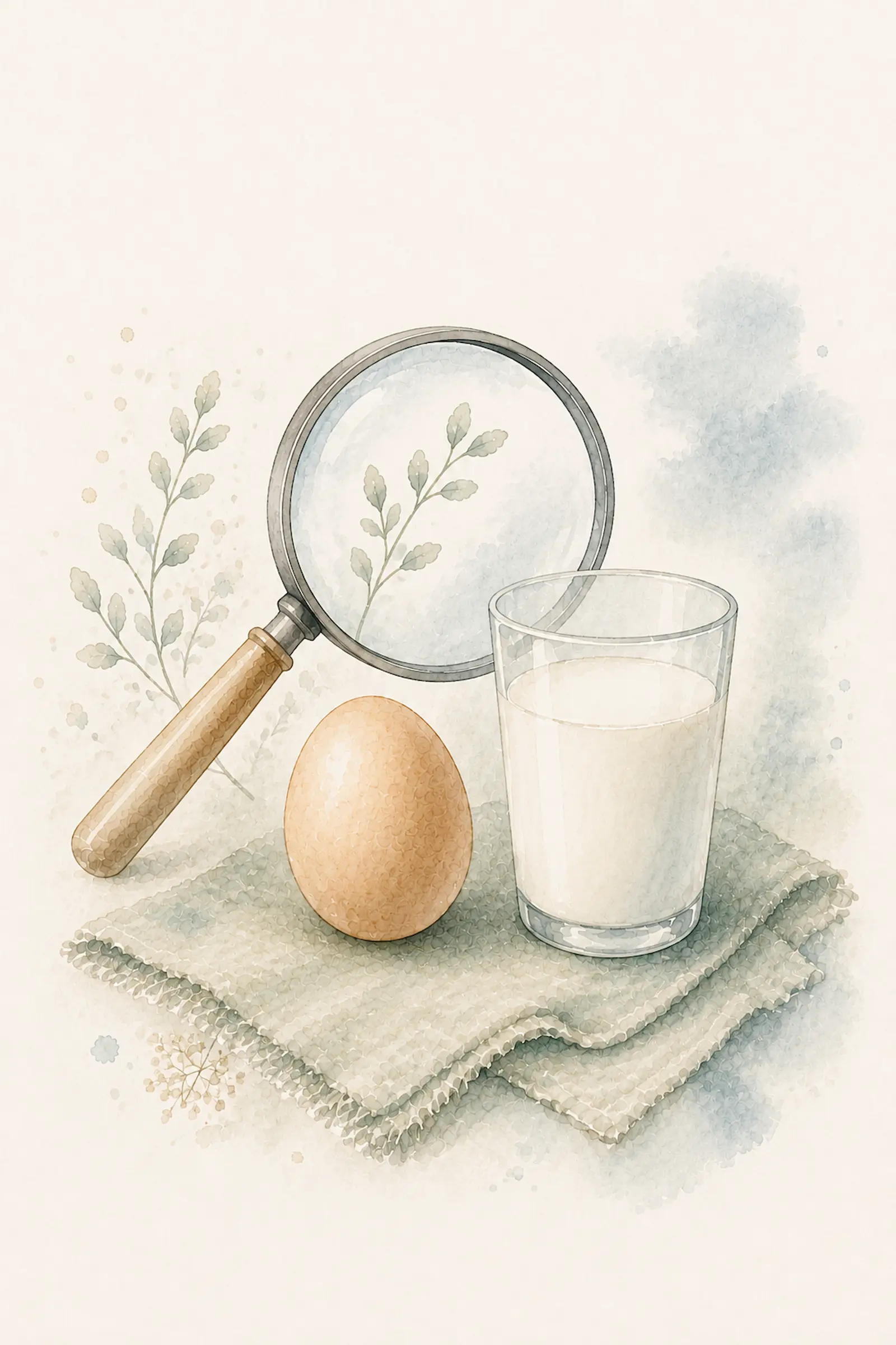 Aquarell-Illustration: Lupe über einem Ei und einem Glas Milch – Symbol für die Abklärung einer Lebensmittelallergie beim Kind