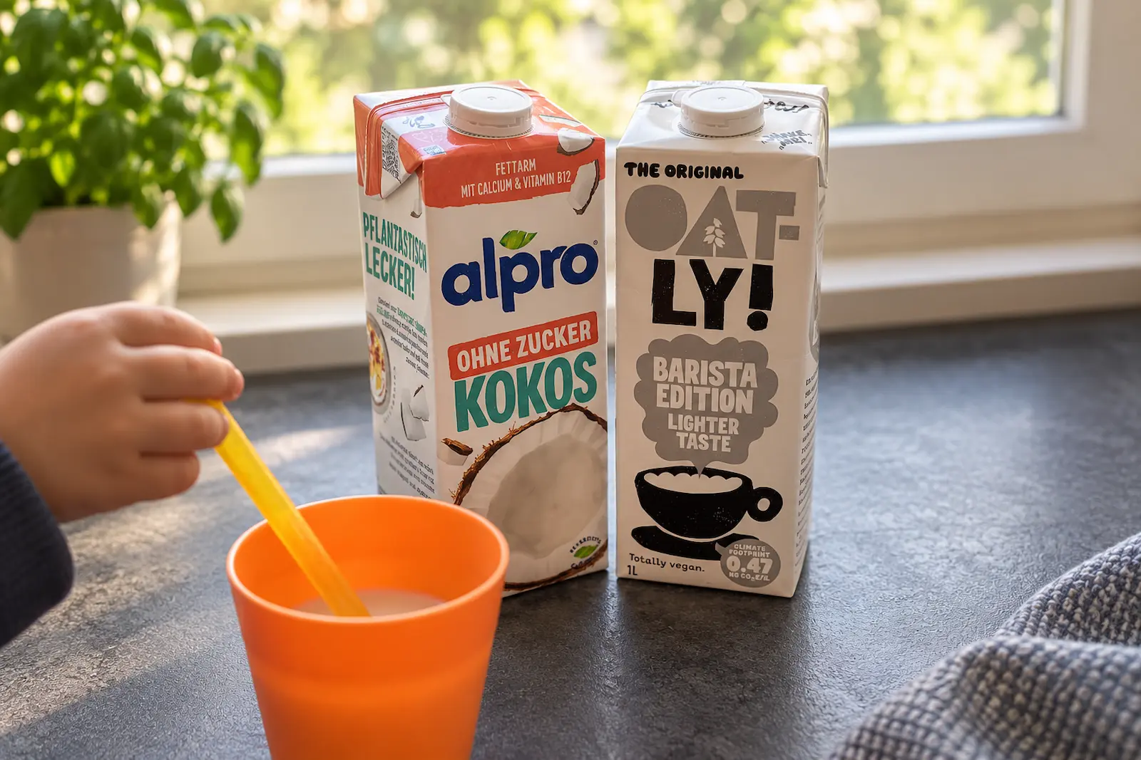 Kinderhand greift nach einem Glas Pflanzendrink – Milchalternative bei Kuhmilcheiweißallergie