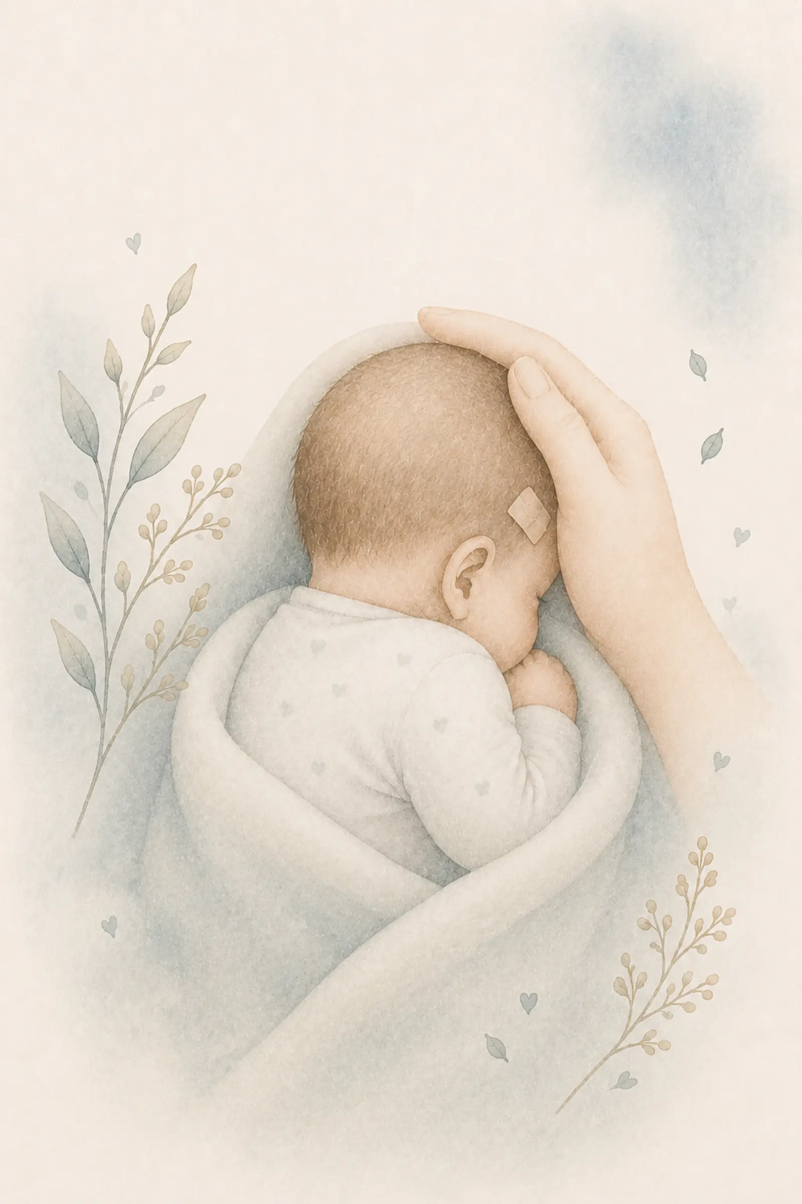 Aquarell-Illustration: Tröstendes Pflaster – Symbol für die Blutabnahme beim Allergietest im Babyalter