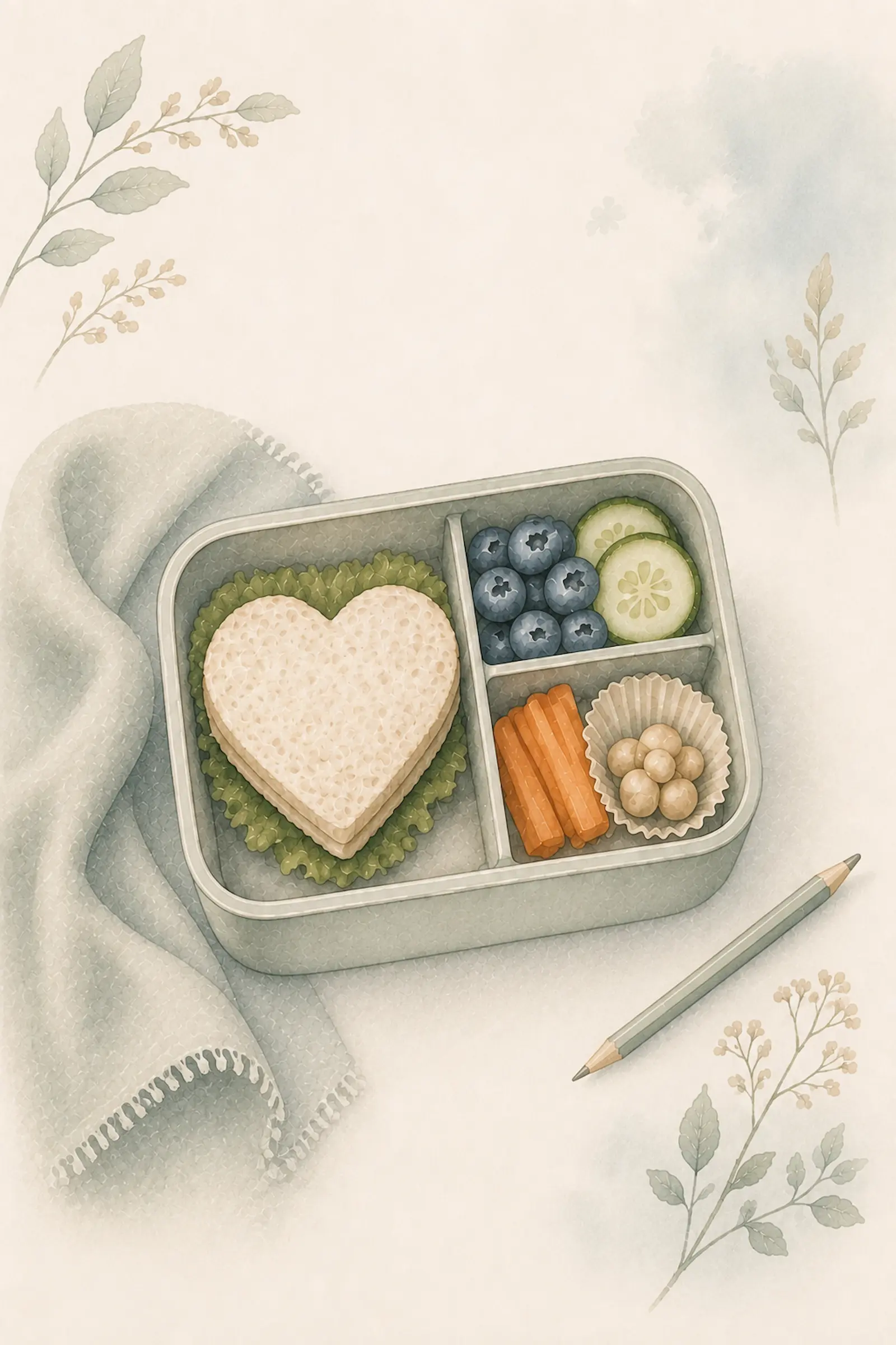 Aquarell-Illustration: Gepackte Kita-Brotdose mit herzförmigem Sandwich, Obst und Gemüse – Essen im Kita-Alltag mit Lebensmittelallergie
