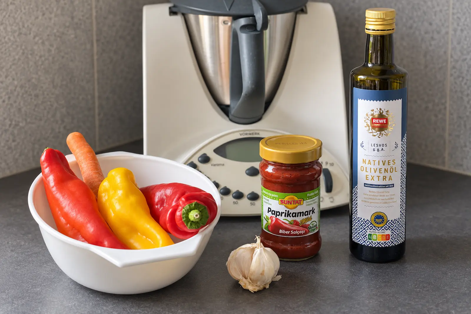 Geröstete Paprika werden im Mixer zu Paprikamark verarbeitet – Tomatensoßen-Alternative für die Familienküche