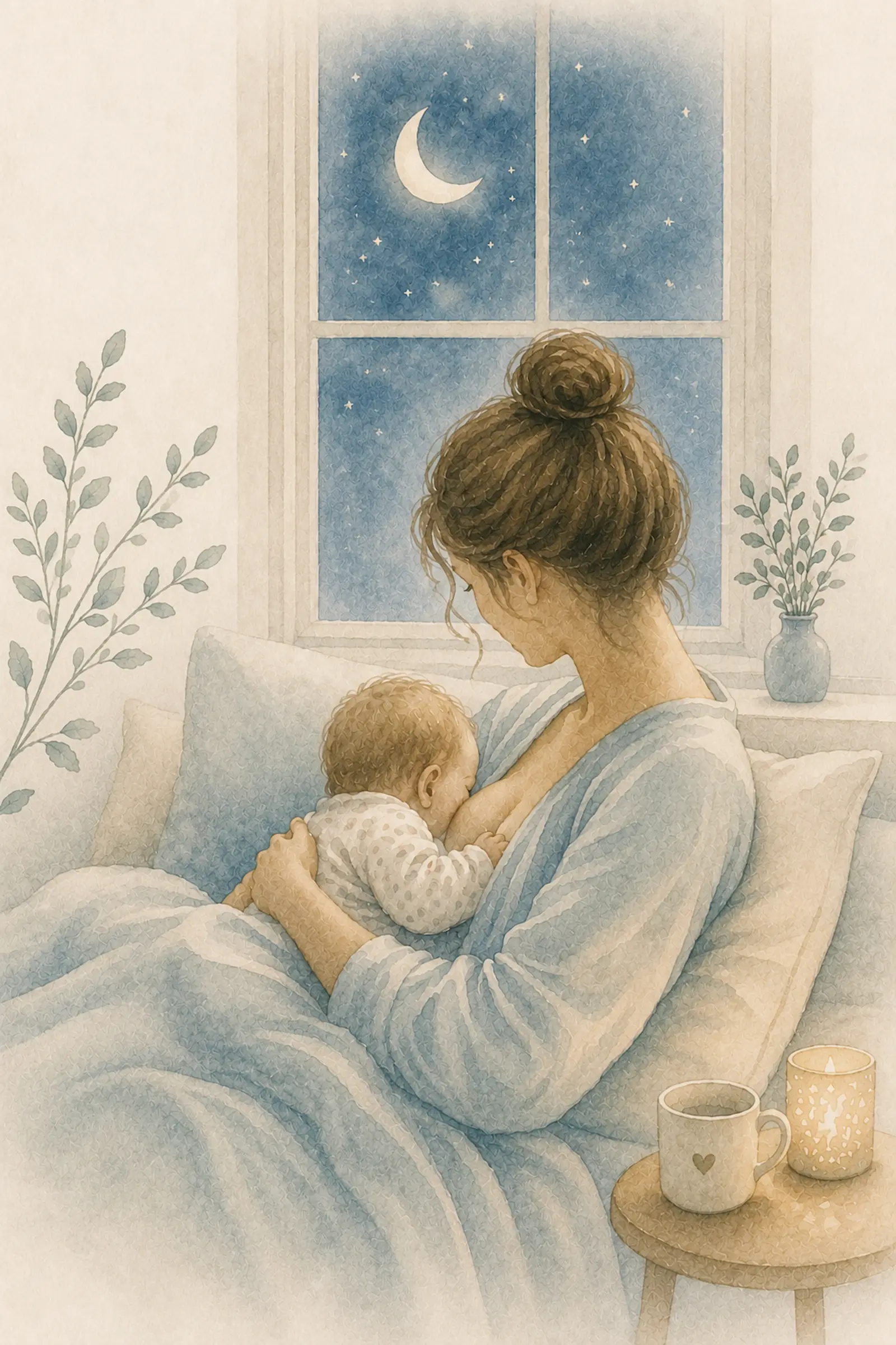 Aquarell-Illustration: Mutter stillt ihr Baby nachts am Fenster, ruhige dunkle Szene – Stillen bei Neurodermitis