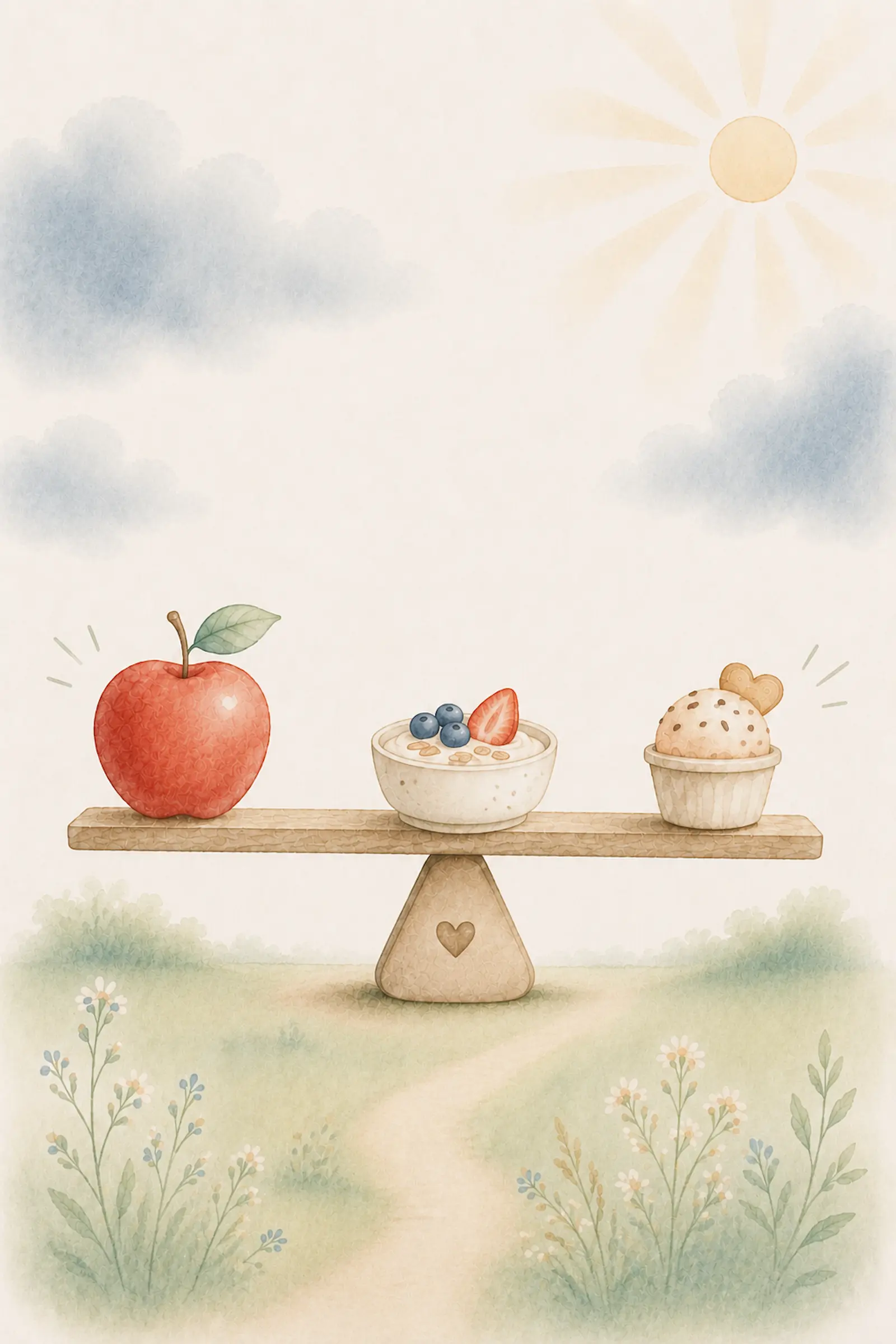 Aquarell-Illustration: Wippe mit Apfel auf der einen und Eisbecher auf der anderen Seite im Gleichgewicht – Mittelweg beim Zucker statt Verbot