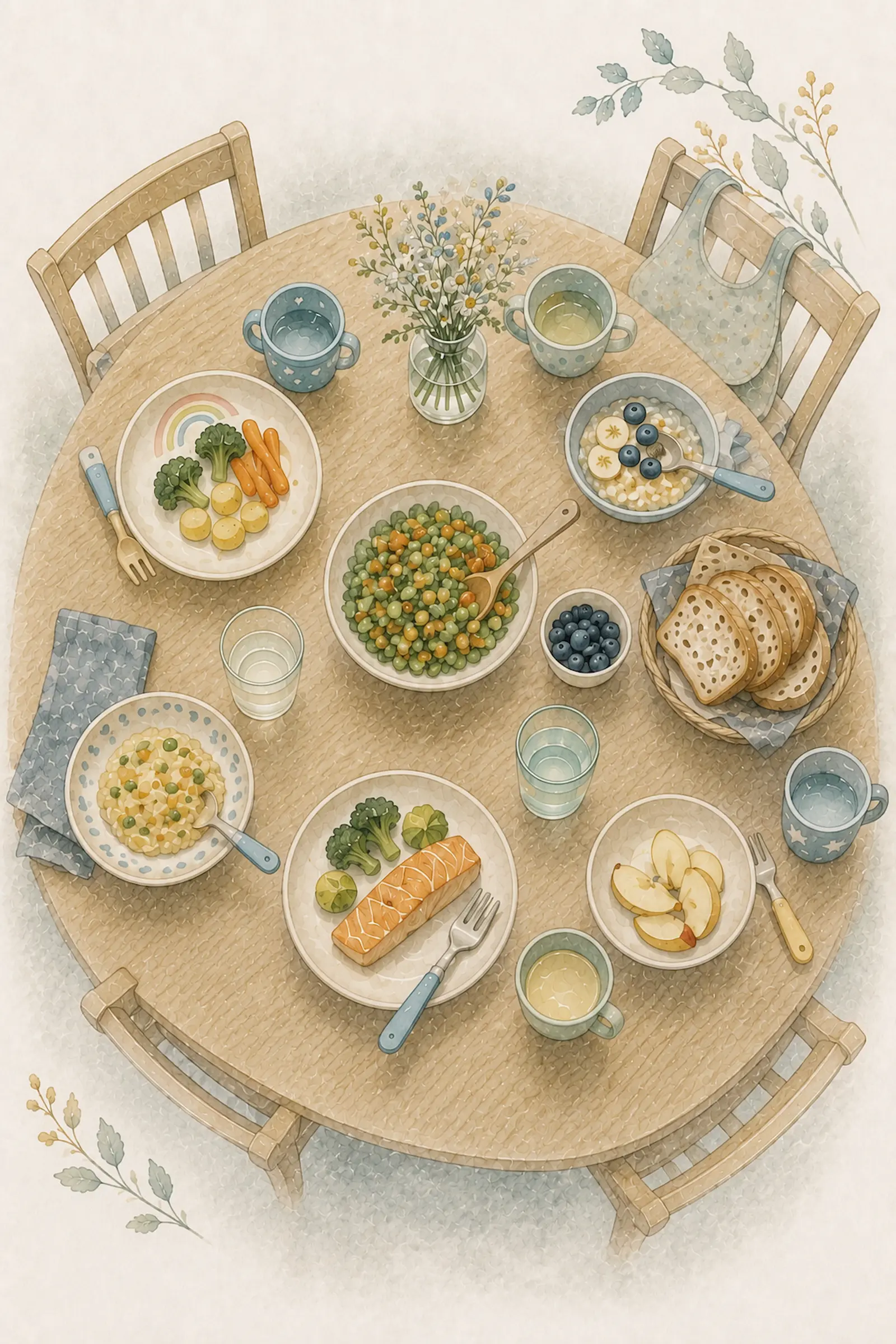 Aquarell-Illustration: Gedeckter Familientisch von oben mit vier Tellern, einer davon anders belegt – gemeinsames Essen trotz Lebensmittelallergie
