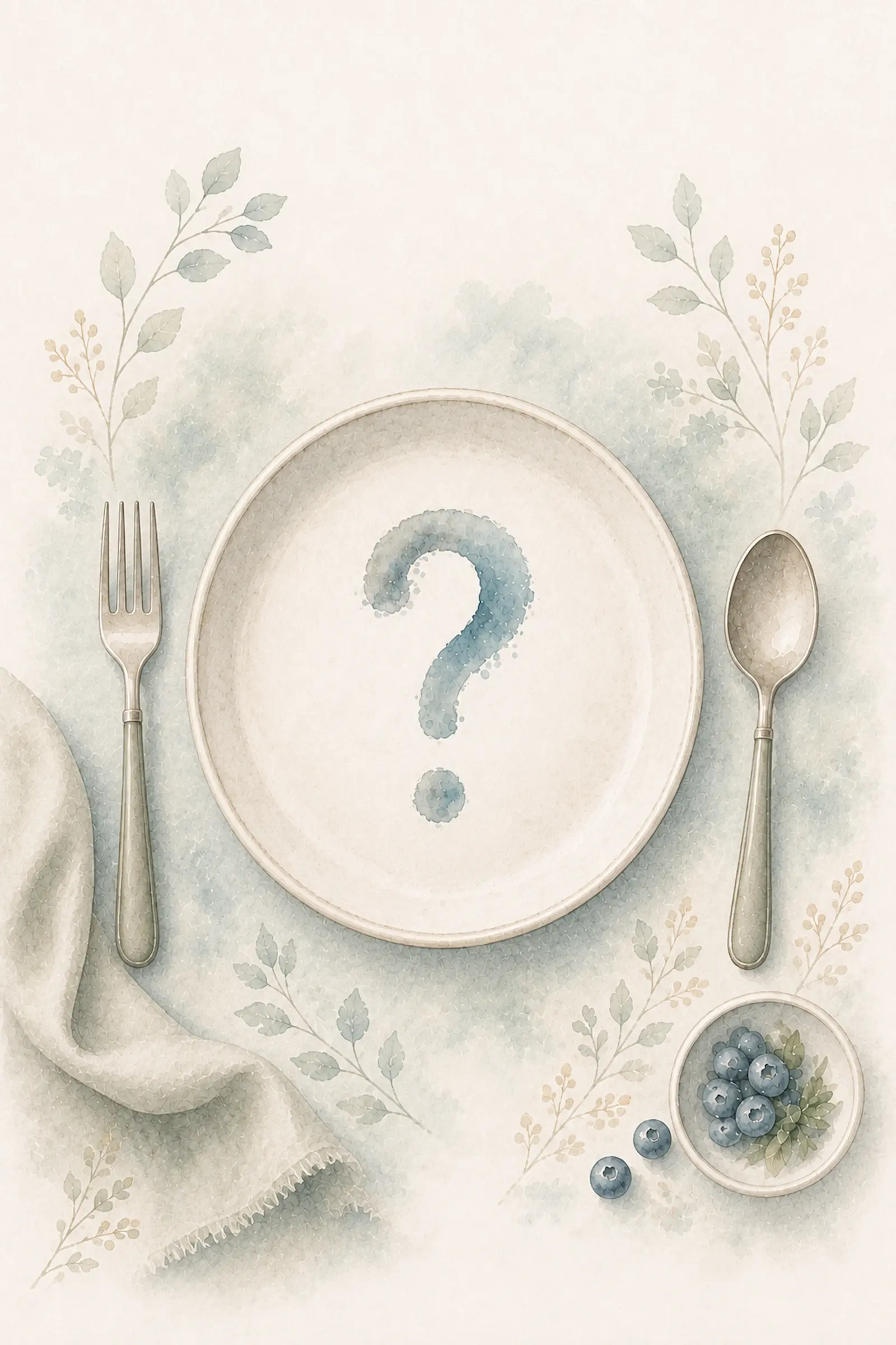 Aquarell-Illustration: Kinderteller mit schwebendem Fragezeichen – Symbol für die offenen Fragen rund um Ernährung bei Neurodermitis