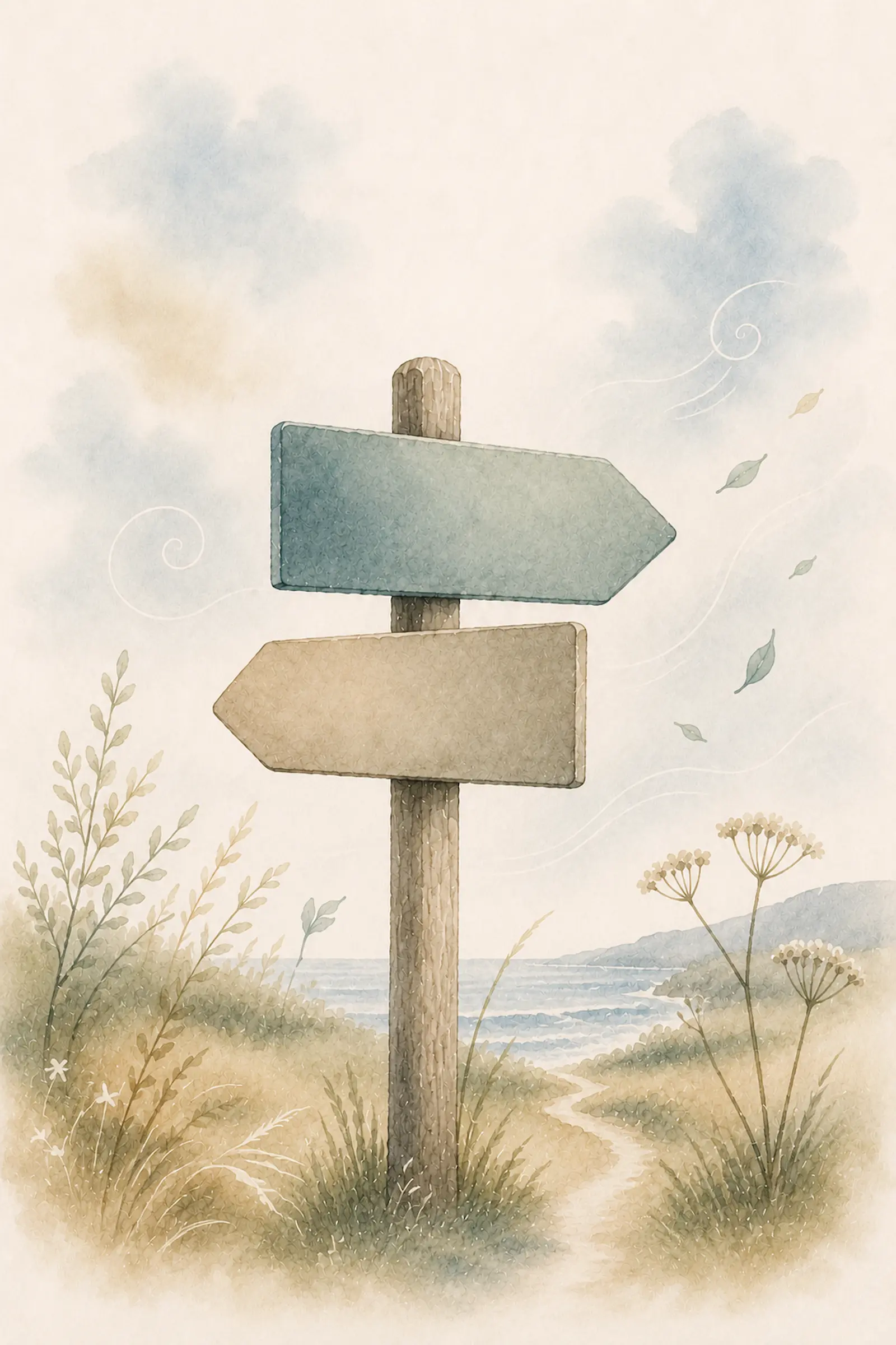 Aquarell-Illustration: Zwei Wegweiser zeigen in entgegengesetzte Richtungen – Symbol für widersprüchliche Ernährungsempfehlungen bei Neurodermitis
