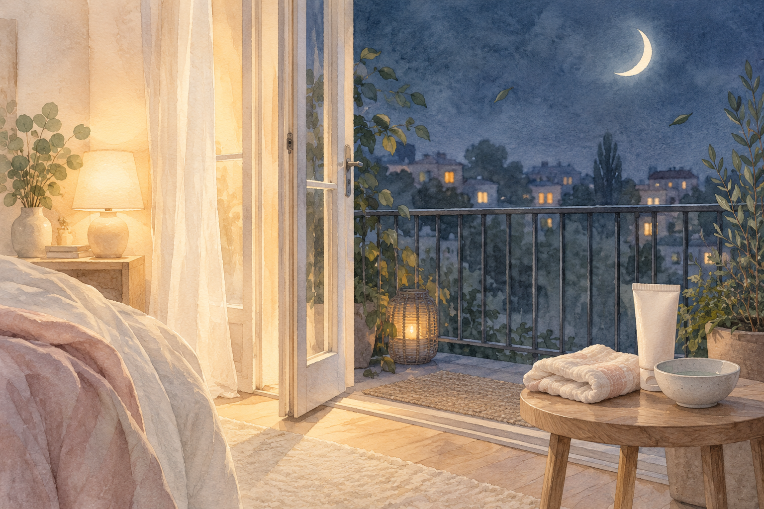 Aquarell: Balkon bei Nacht mit warmem Licht aus dem Wohnzimmer – Levis nächtliches Beruhigungsritual bei Juckreiz.